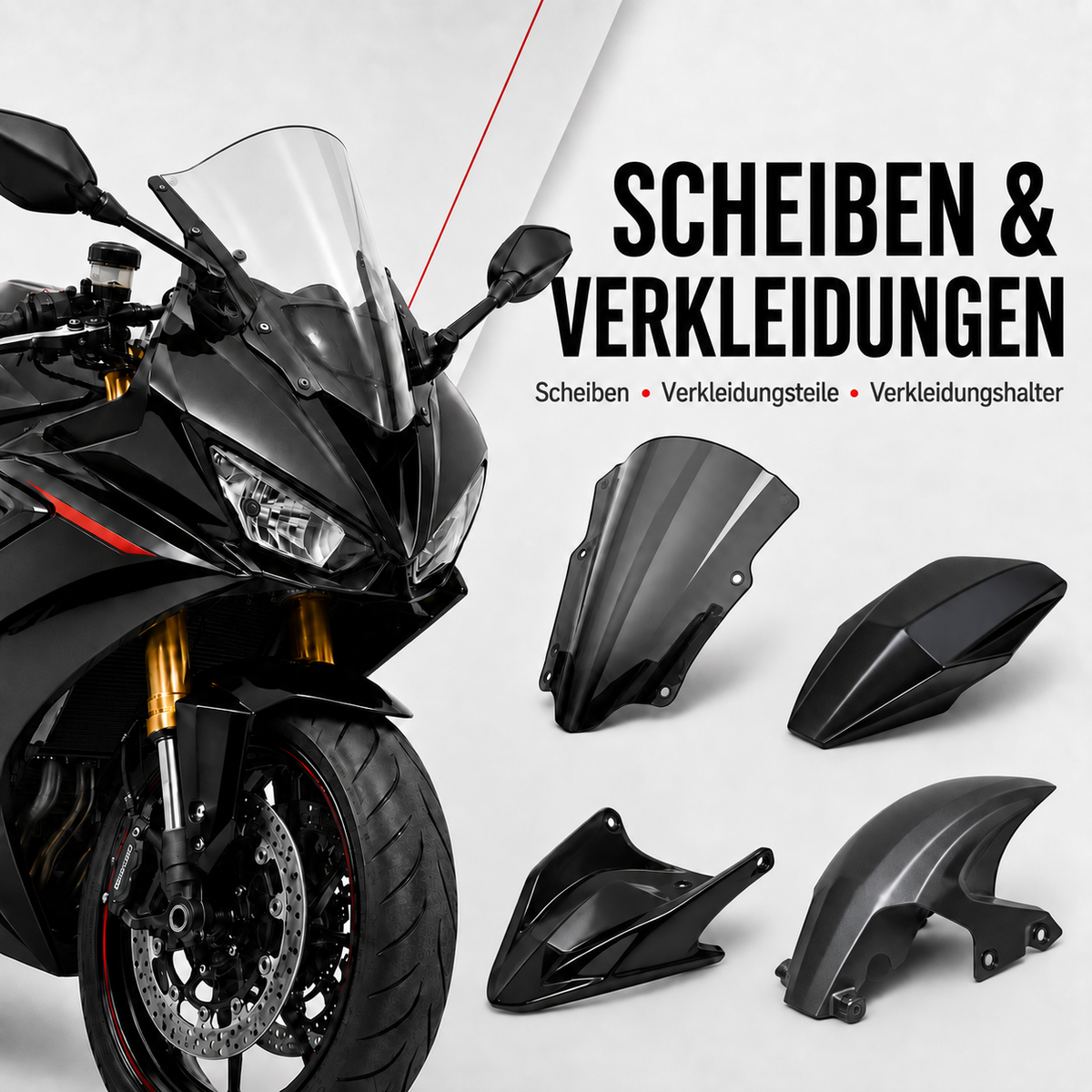 Motorrad mit Windschutzscheibe sowie verschiedenen Verkleidungsteilen wie Soziusabdeckung, Bugspoiler und Hinterradabdeckung