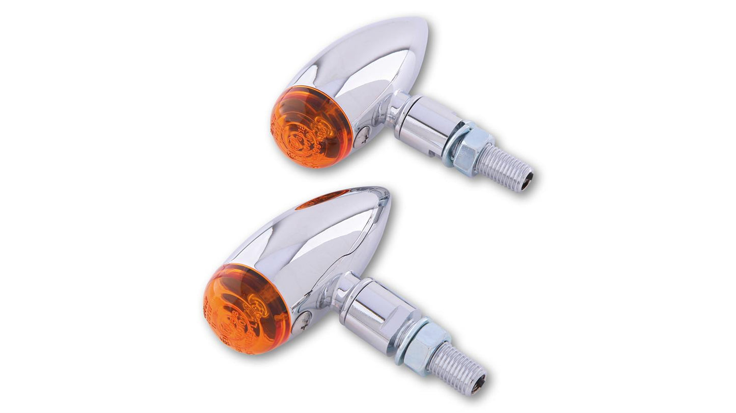 SHIN YO Micro-Bullet Motorrad-Blinker Chrom Glas Orange E-geprüft (Paar)