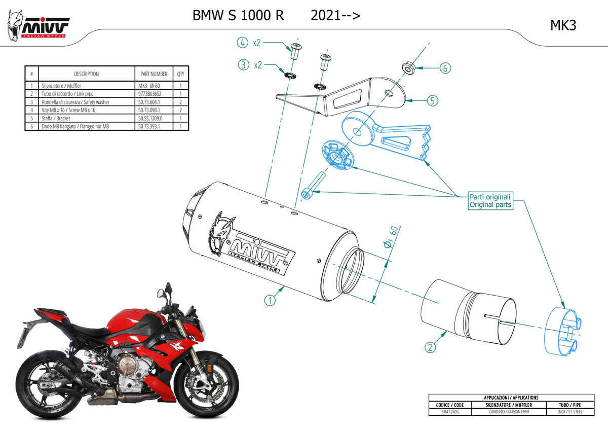 MIVV MK3 Auspuff Carbon passend für BMW S 1000 R 2021-2026
