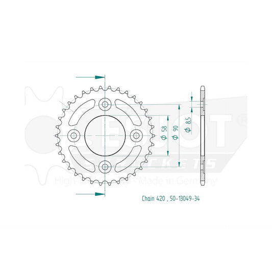 ESJOT Kettenrad 34 Zähne 420er Teilung (1/2x1/4) - Kama Bike Parts