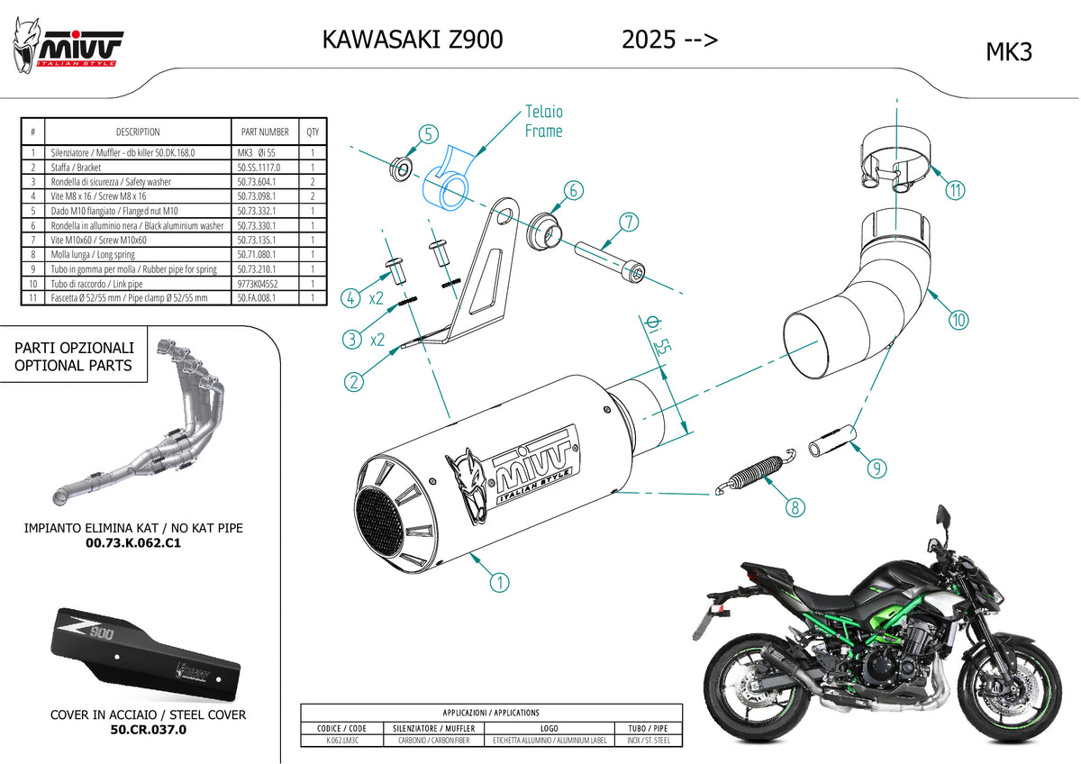 MIVV AK-1 Auspuff Carbon passend für KAWASAKI Z 900 2025-2026