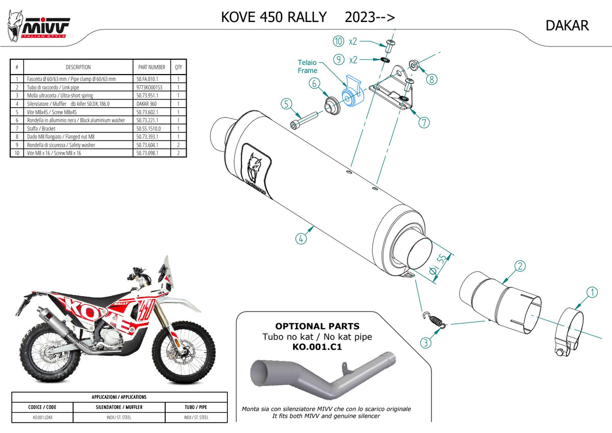 MIVV DAKAR Auspuff Edelstahl passend für KOVE 450 RALLY 2023-2026