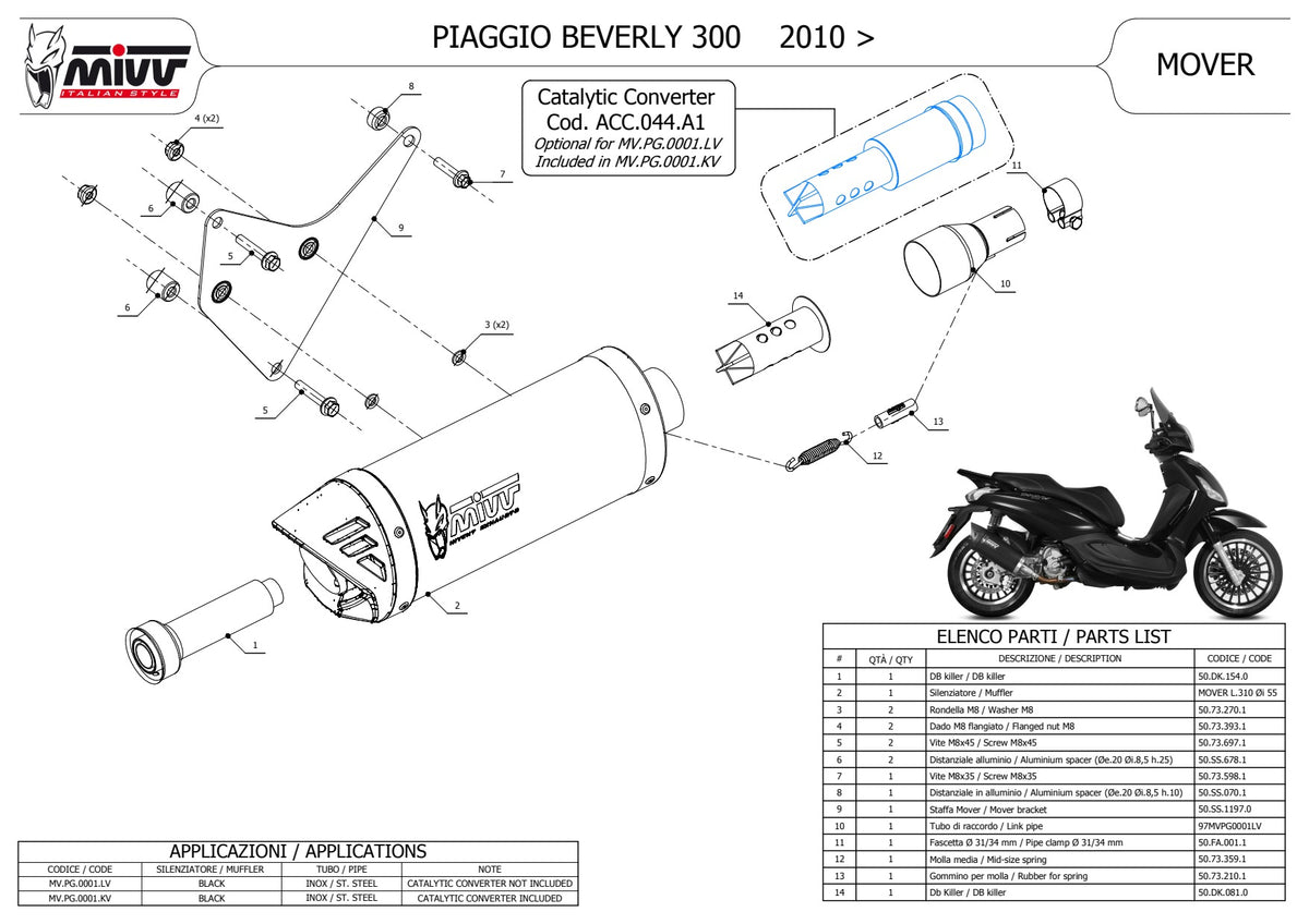 MIVV MOVER Auspuff Edesltahl schwarz passend für PIAGGIO BEVERLY 300 2010-2020