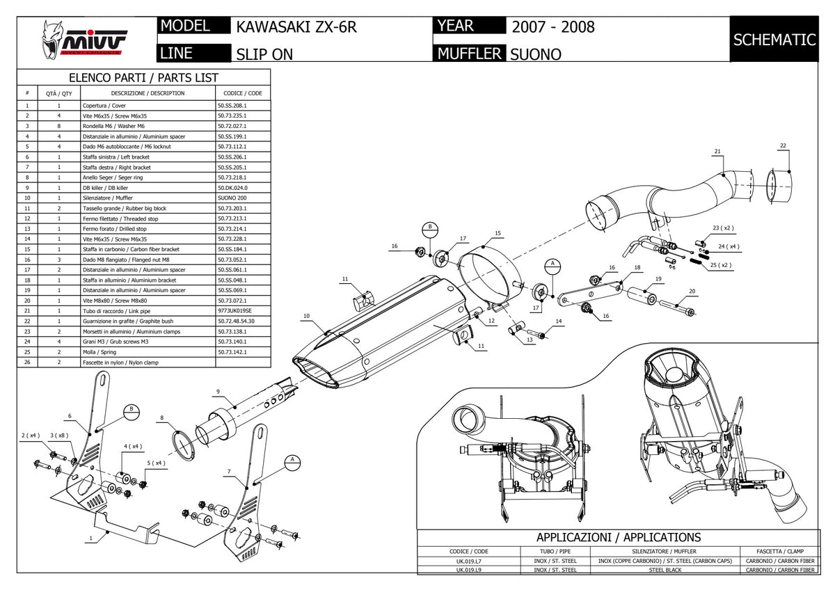 MIVV Suono Auspuff schwarz passend für Kawasaki ZX-6R 2007-2008
