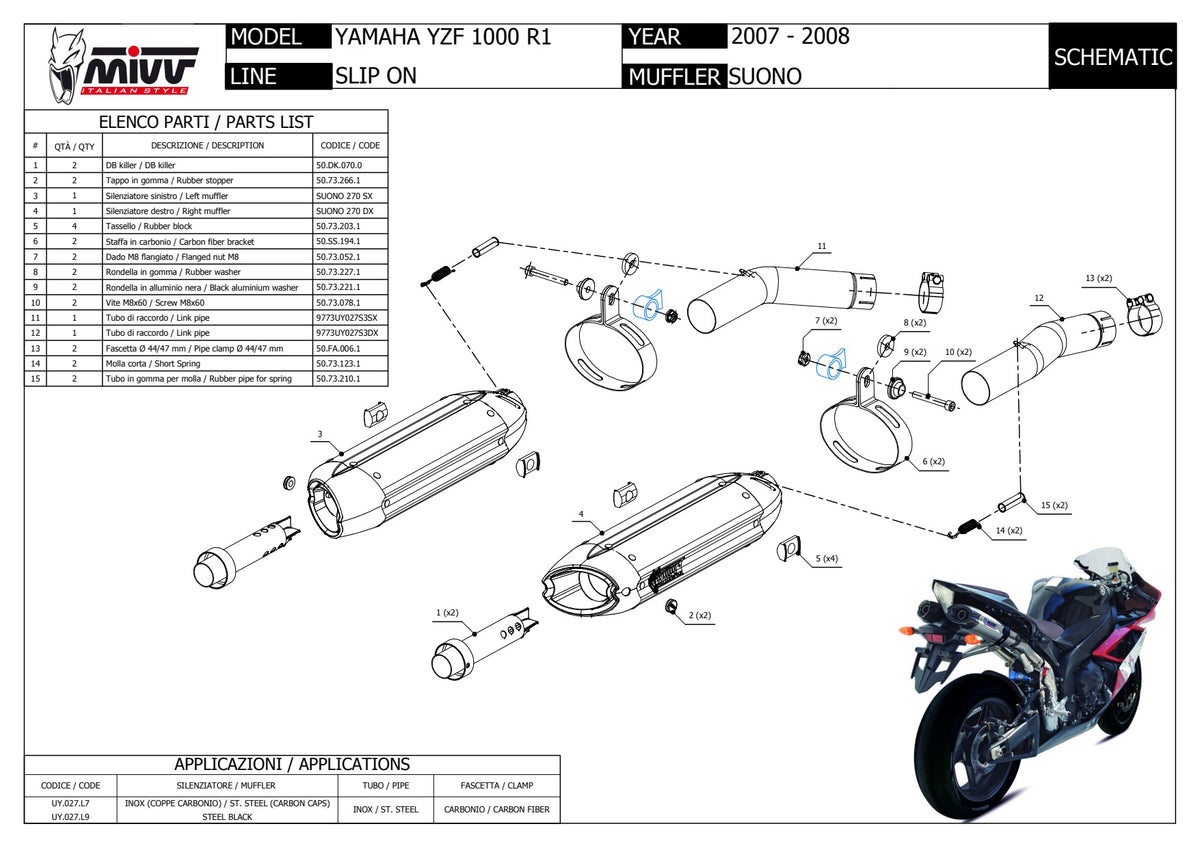MIVV Suono Auspuff schwarz passend für Yamaha YZF-R1 2007-2008