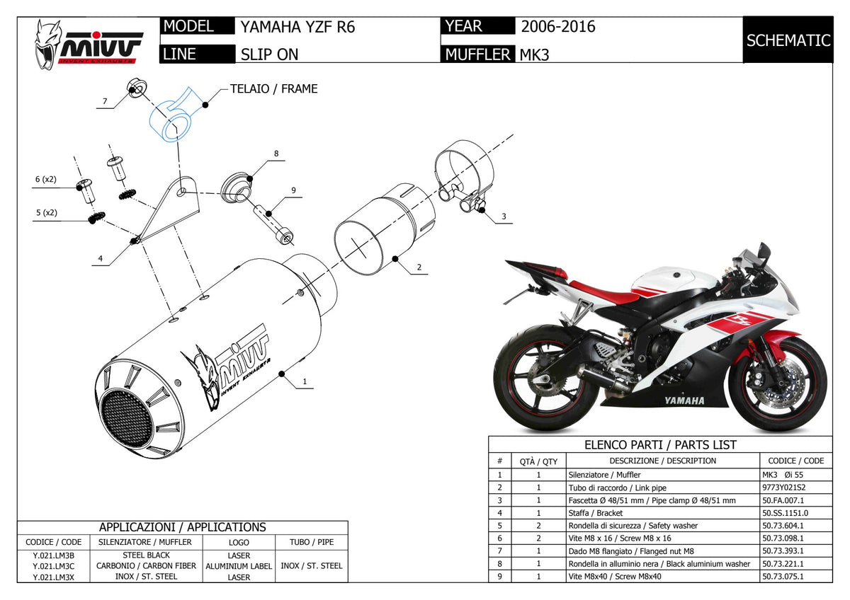 MIVV MK3 Auspuff Carbon passend für YAMAHA YZF-R6 2006-2016