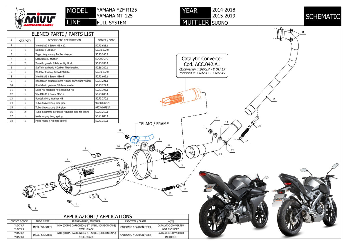 MIVV Suono Auspuff schwarz passend für Yamaha YZF-R125 14-16 MT-125 15-16