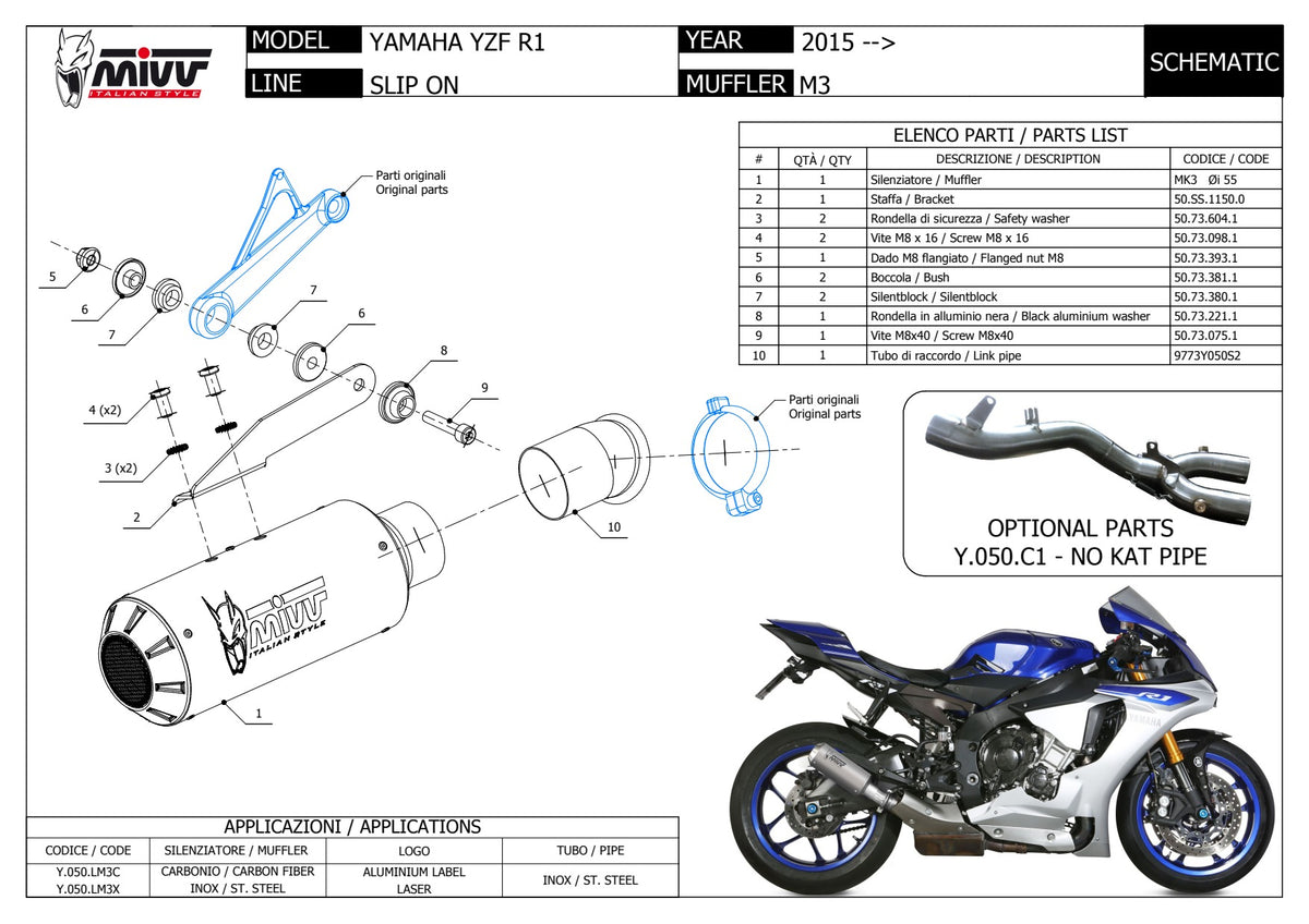 MIVV MK3 Auspuff Carbon passend für Yamaha YZF-R1 2015-2022